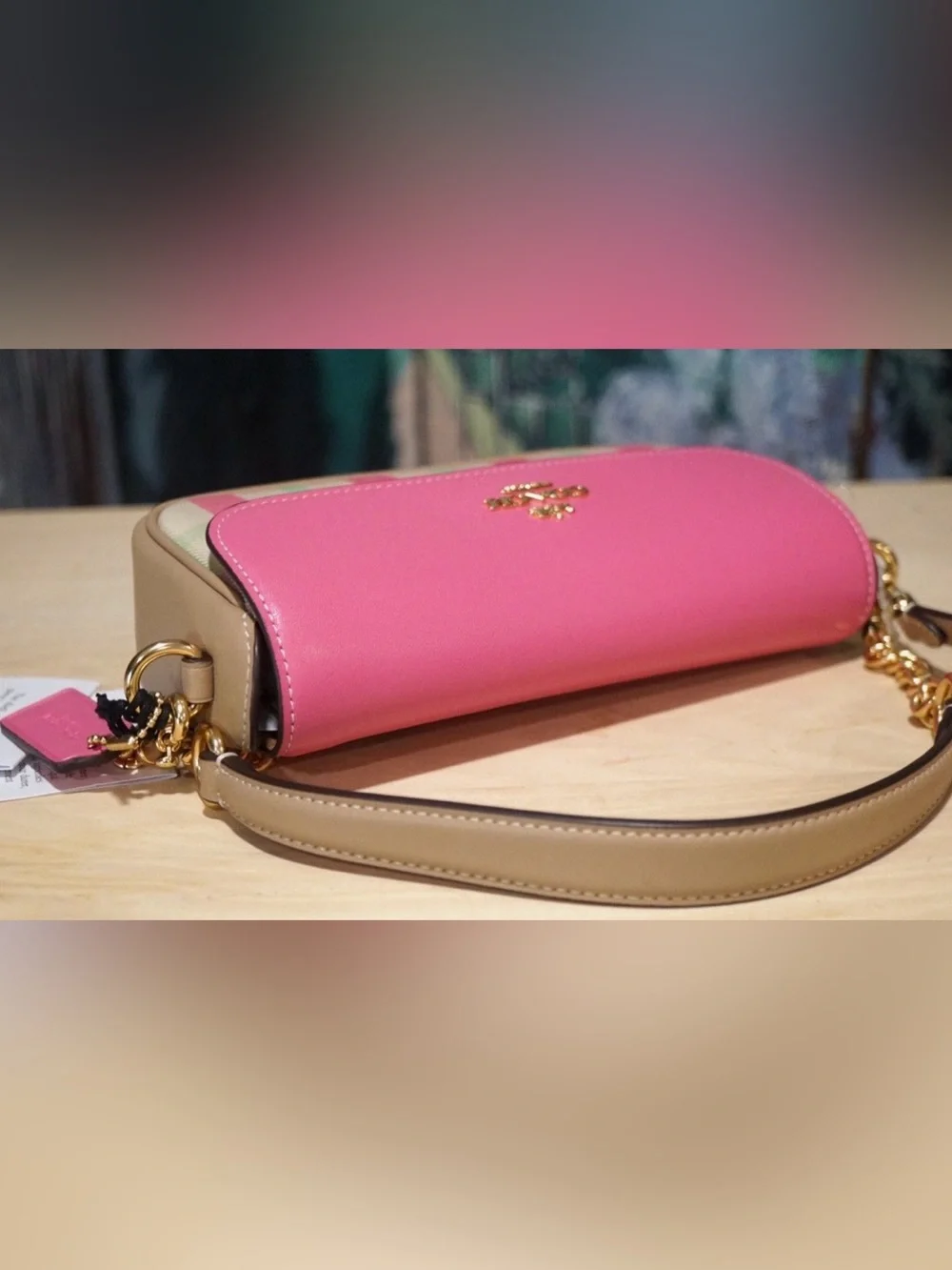 Coach Hailey Flap Crossbody Bag Plaid Print Pink Pastels Purse Gold Chain NWOT